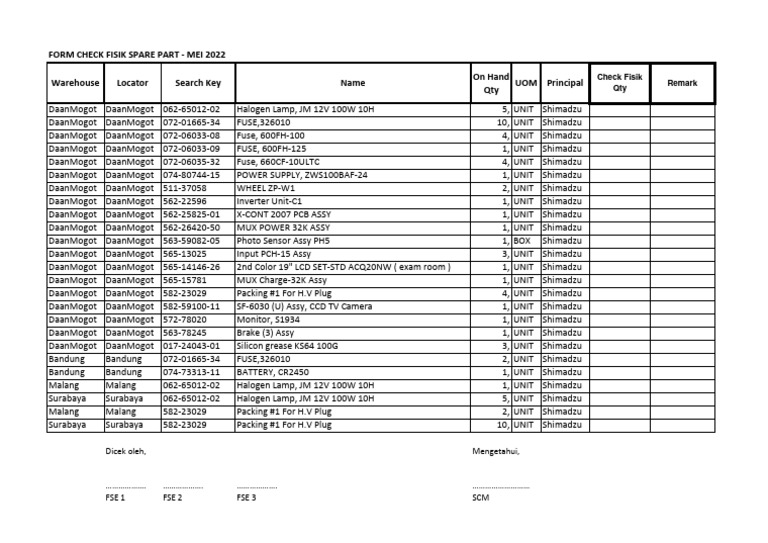 Form Check Fisik Spare Part Mei 2022 Pdf Film And Video Technology