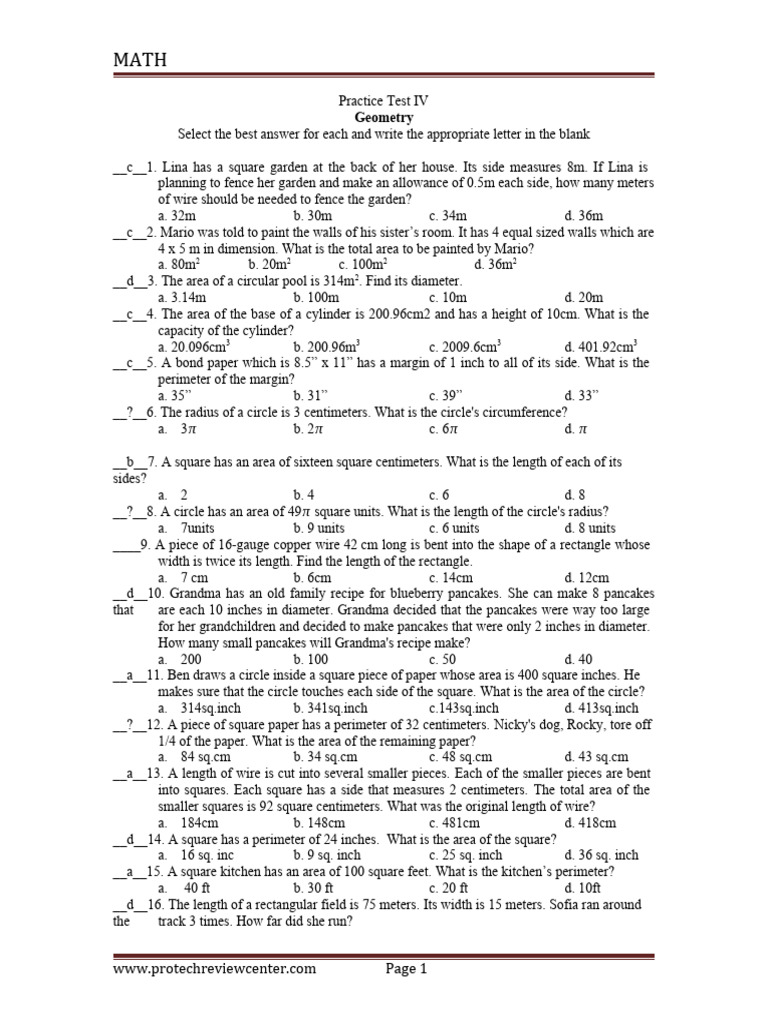 Geometry Practice Test IV Questions | PDF | Area | Length