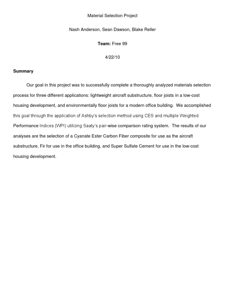 Material Selection Project PDF Strength Of Materials Concrete
