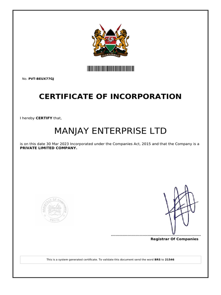 Manjay Enterprise Ltd Incorporation Certificate | PDF | Taxes ...