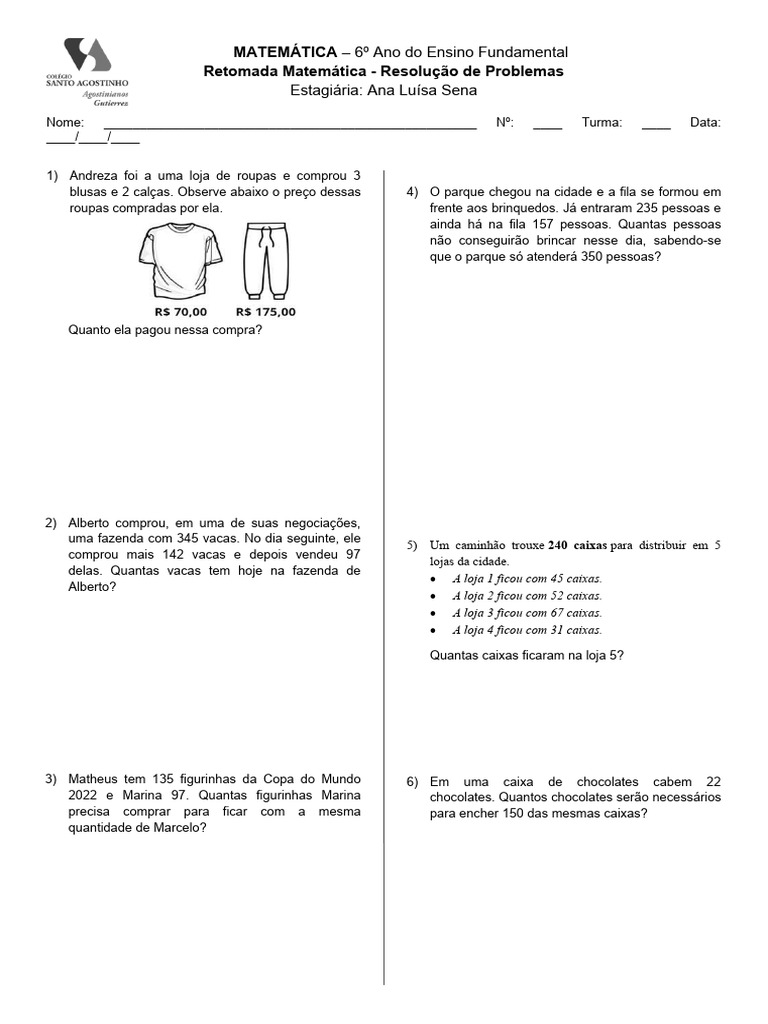 Retomada Matematica - 6º Ano - Resolução de Problemas | PDF | Matemática