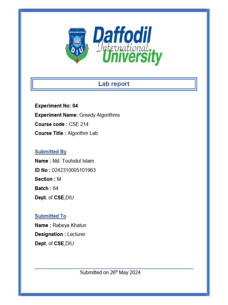 CSE 214: Greedy Algorithms Report | PDF