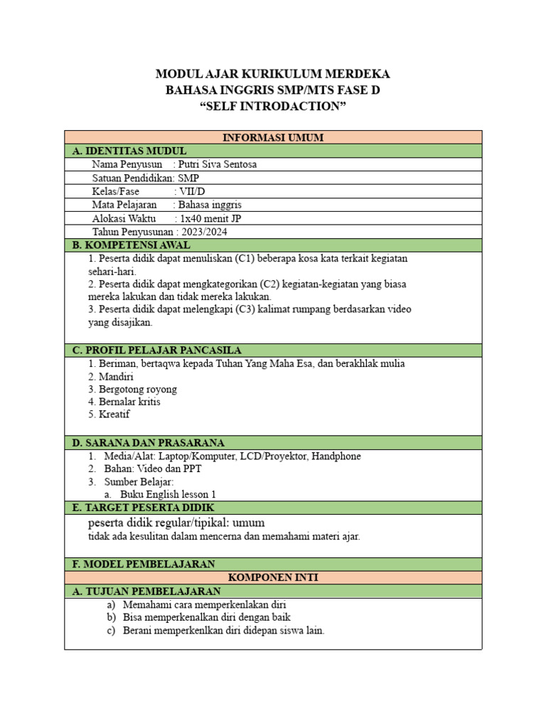 Modul Ajar Self Introduction Bahasa Inggris | PDF