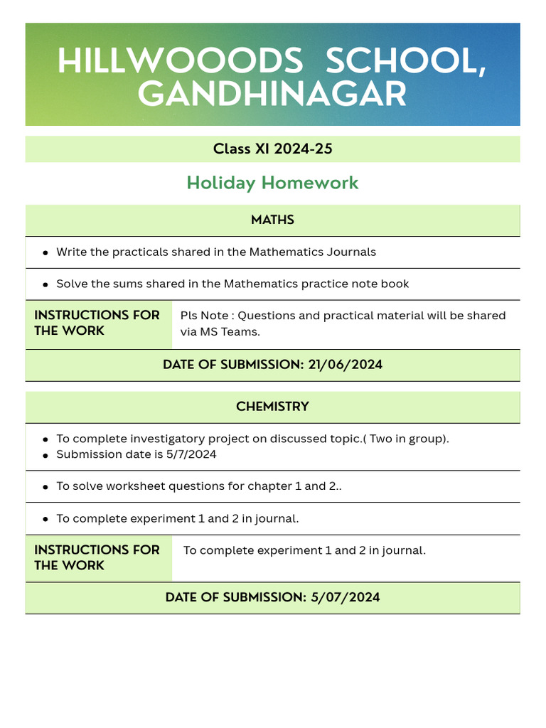 Class XI Holiday Homework 2024-25 | PDF | Fahrenheit