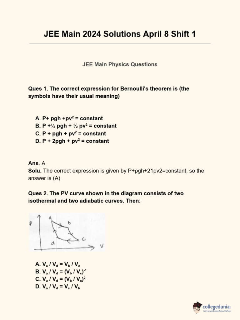 JEE Main 2024 Solutions April 8 Shift 1 | PDF | Mole (Unit ...