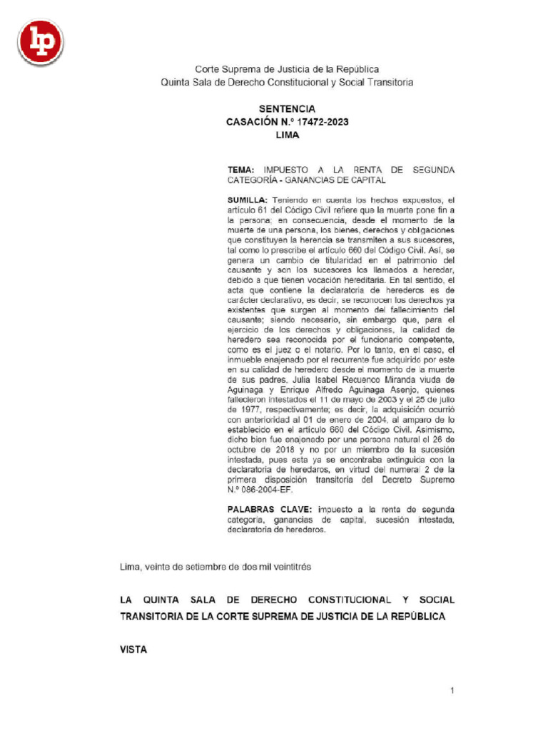 Casacion 17472 2023 Lima | PDF | Herencia | Impuesto sobre la renta