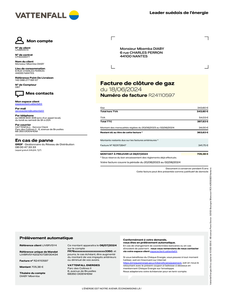 Facture de gaz Vattenfall 2024 | PDF | Taxe sur la valeur ajoutée | Facture