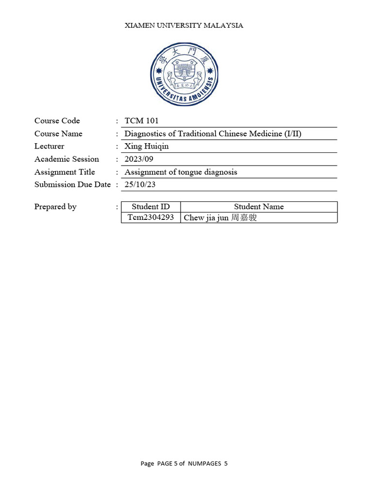 TCM 101 Assignment TCM2304293 | PDF | Traditional Chinese Medicine