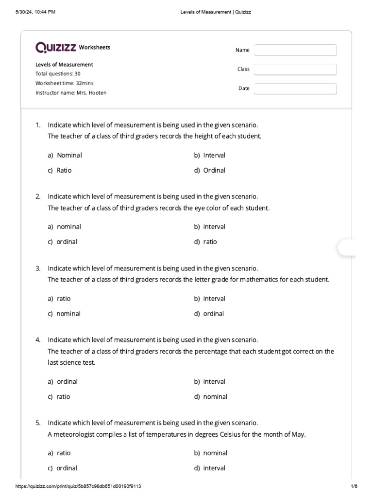 Levels of measurement quizizz pdf level of measurement