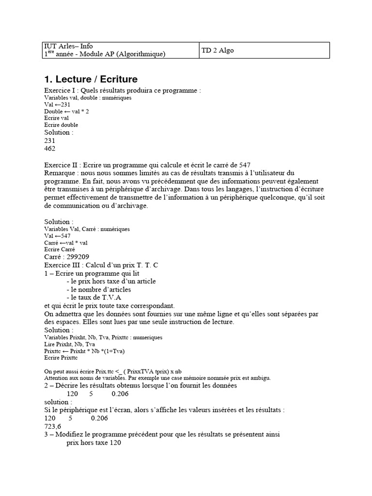 Exercices d'Algorithmique en 1ère année | PDF | Programme informatique ...