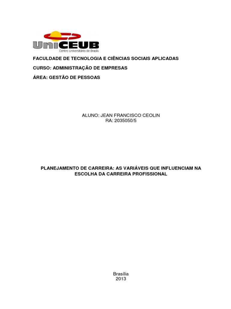 Influências na Escolha da Carreira Profissional | PDF | Planejamento ...