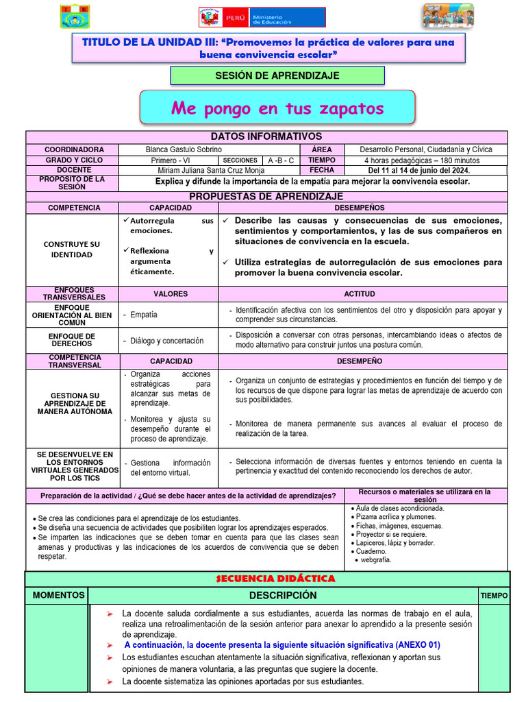 Sesion de Aprendizaje #02 - DPCC - Iii Unidad - 1º Año | PDF ...