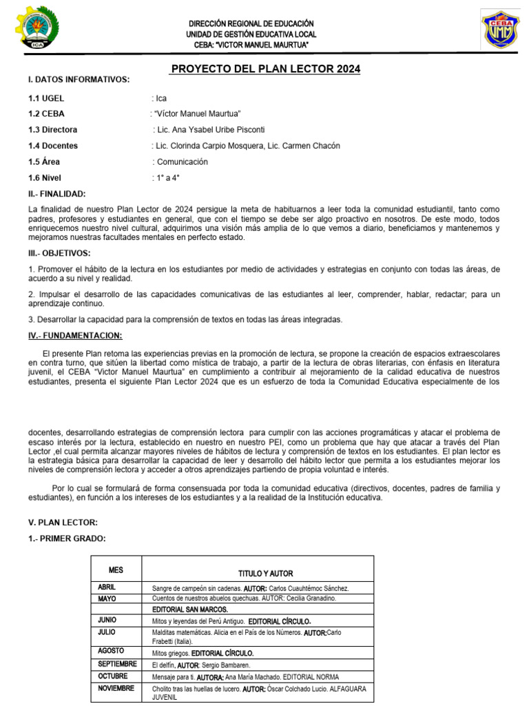 Plan Lector 2024 para Primaria CEBA | PDF | Comprensión lectora ...