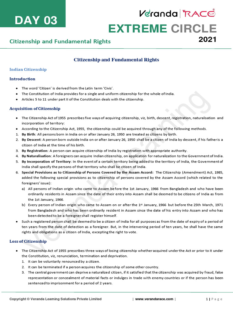 Indian Citizenship and Fundamental Rights | PDF | Naturalization ...
