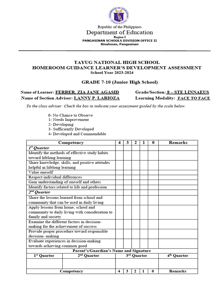 HOMEROOM GUIDANCE LEARNERS DEVELOPMENT ASSESSMENT Junior hIGH SCHOOL ...