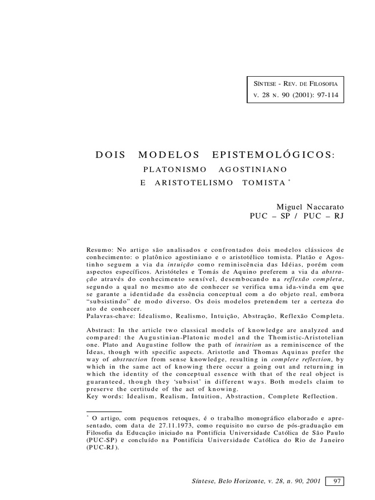 Dois Modelos Epistemologicos Platonismo Agostiniano e Aristotelismo ...