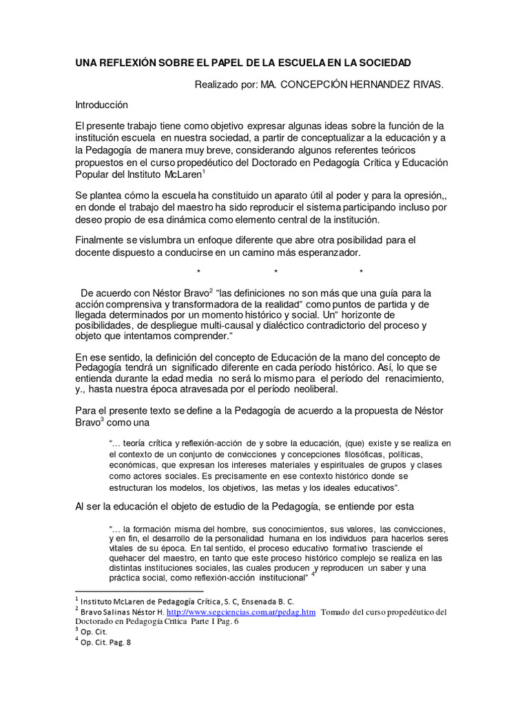 Una Reflexión Sobre El Papel de La Escuela en La Sociedad | PDF ...
