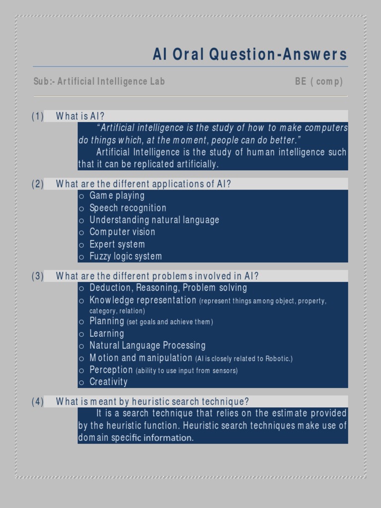 Artificial Intelligence Oral Question Answer Artificial Intelligence Intelligence (AI