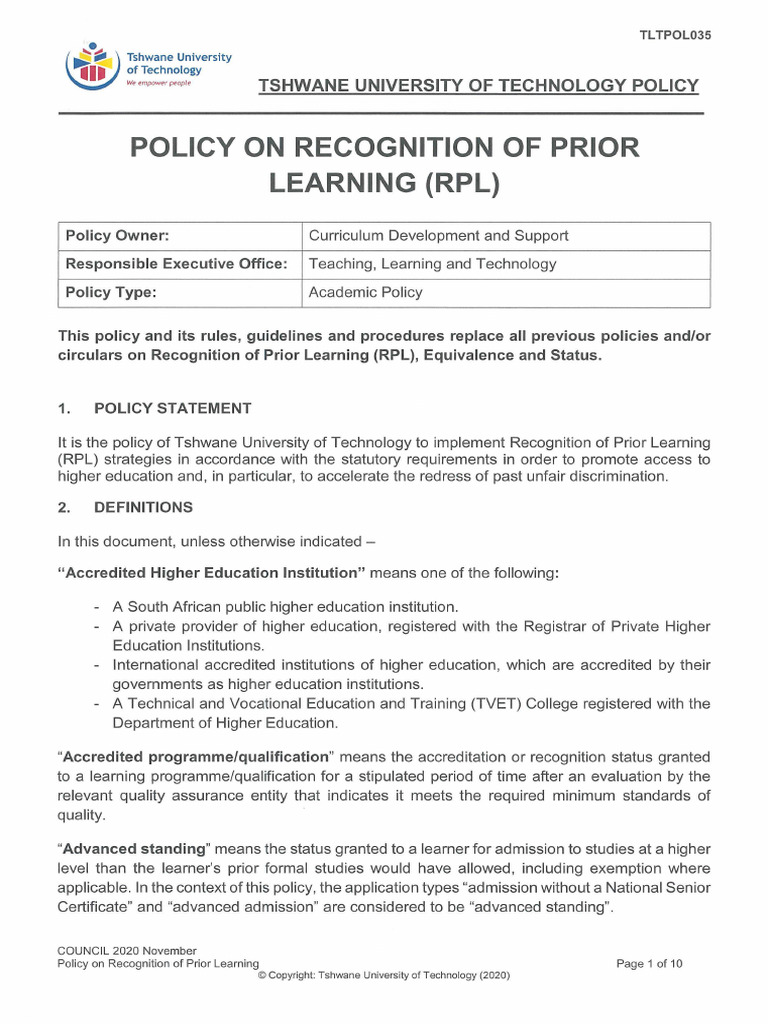 RPL Policy | PDF | Academic Degree | University And College Admission