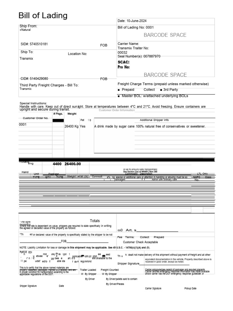 Bill of Landing PDF | Download Free PDF | Cargo | Transport