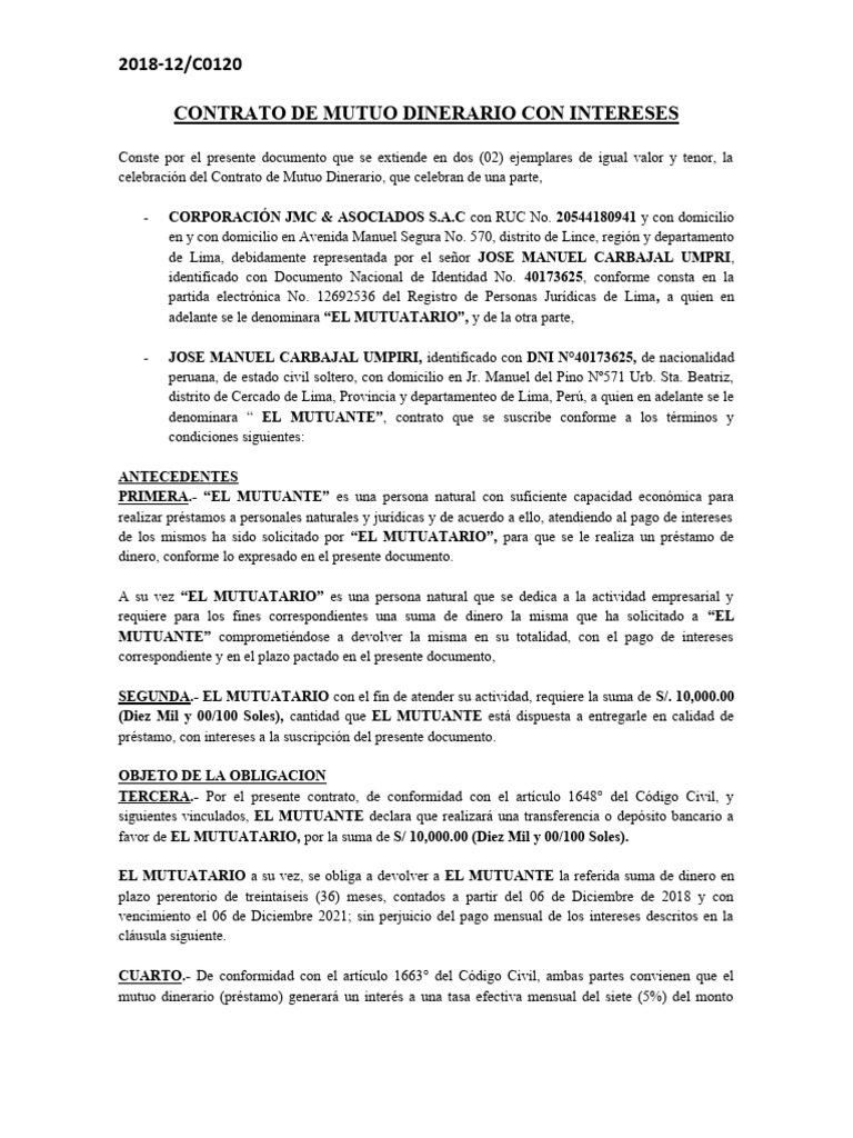 Contrato de Mutuo Dinerario 2018 | PDF | Justicia | Crimen y violencia