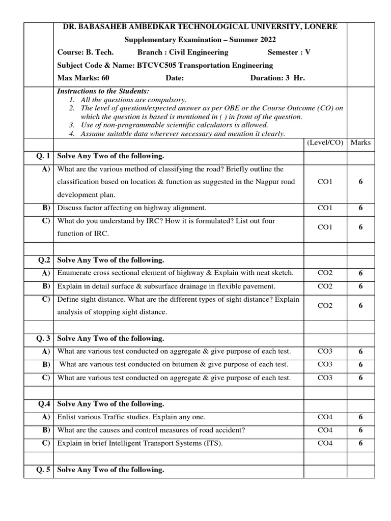 Transportation Engineering Exam 2022 Pdf Road Transport