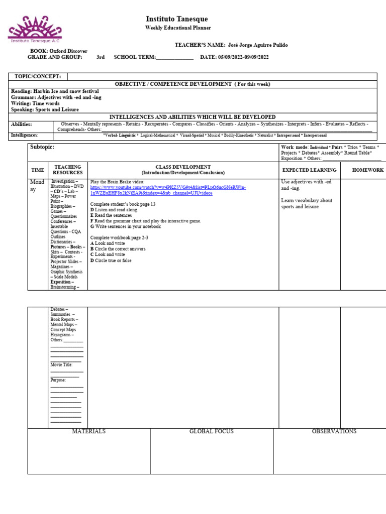 Lesson Plan 3rd Grade Pdf Intelligence Linguistics