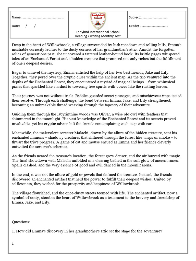 Student Reading Adventure Test | PDF | Poetry | General Fiction