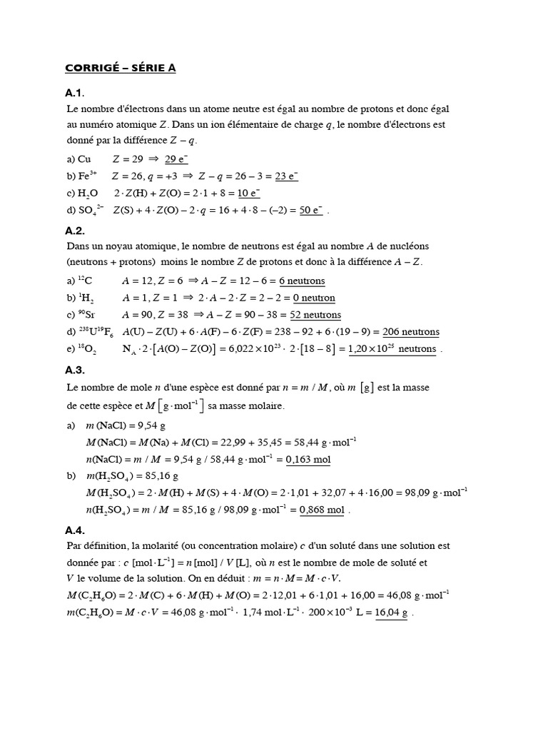 Calculs de chimie : électrons, moles et formules | PDF | Concentration ...