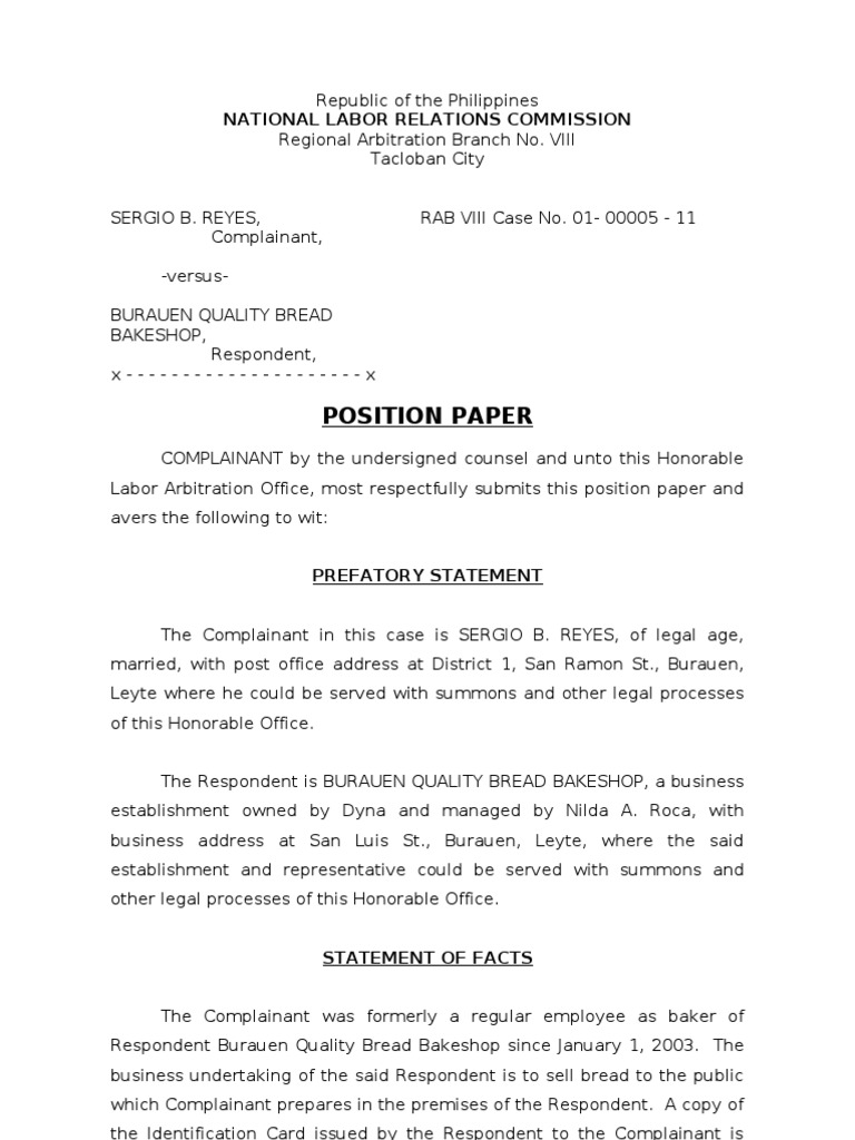 NLRC Position Paper Reyes | Overtime | Labour Law