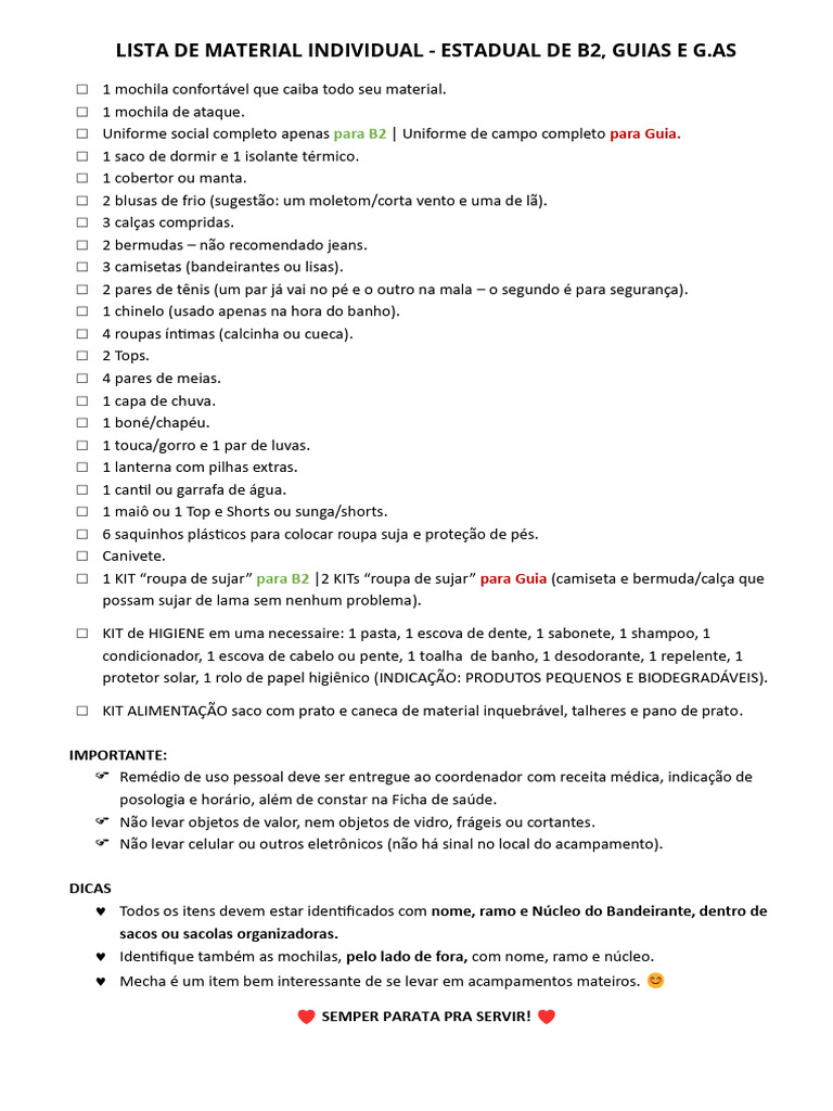 Material Individual para Acampamento B2 | PDF | Gastronomia, comida e ...