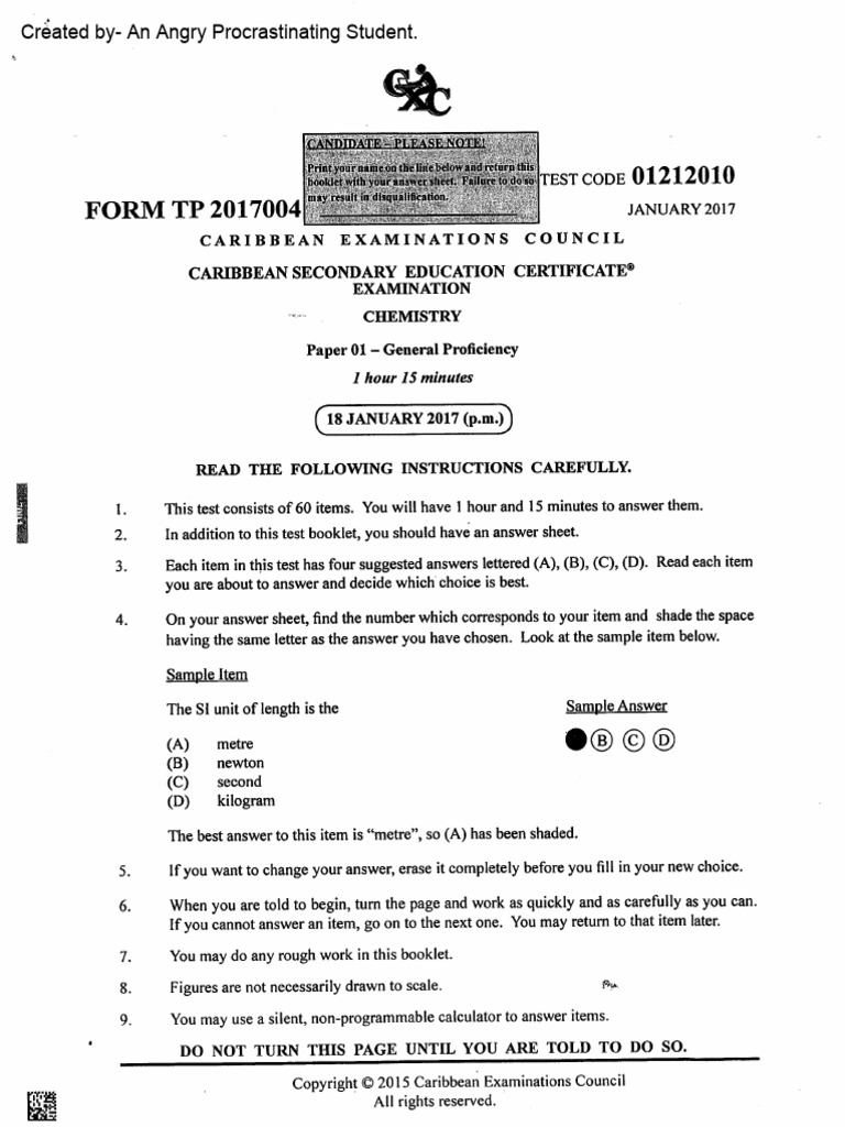 Csec Chemistry January P1 2017 2021 Watermark Pdf Chemical
