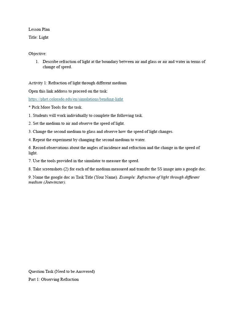 Class Activity (Refraction) | PDF | Refraction | Light