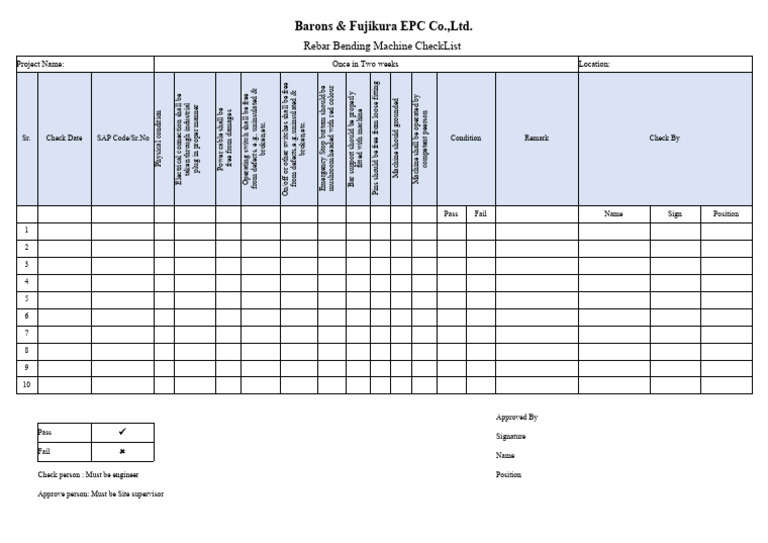 Rebar Bending Machine Checklist PDF Electricity Manufactured Goods