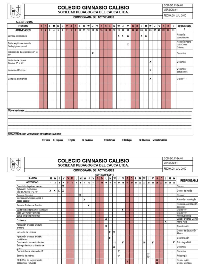 Cronograma De Actividades 2015 2016 Actualizado Pdf