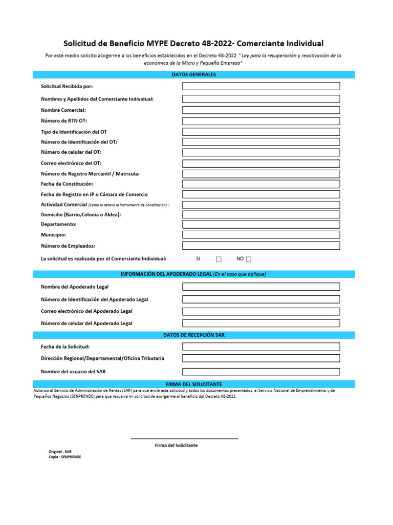 Solicitud de Beneficio MYPE Decreto 48-2022 | PDF