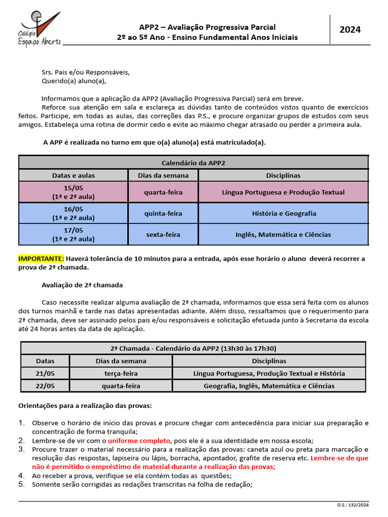 APP2: Orientações e Calendário 2024 | PDF