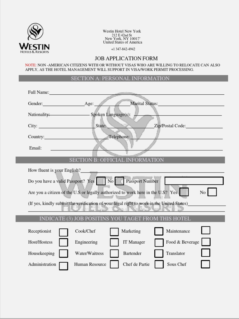 Westin Hotel Job Application Form | PDF | Travel Visa