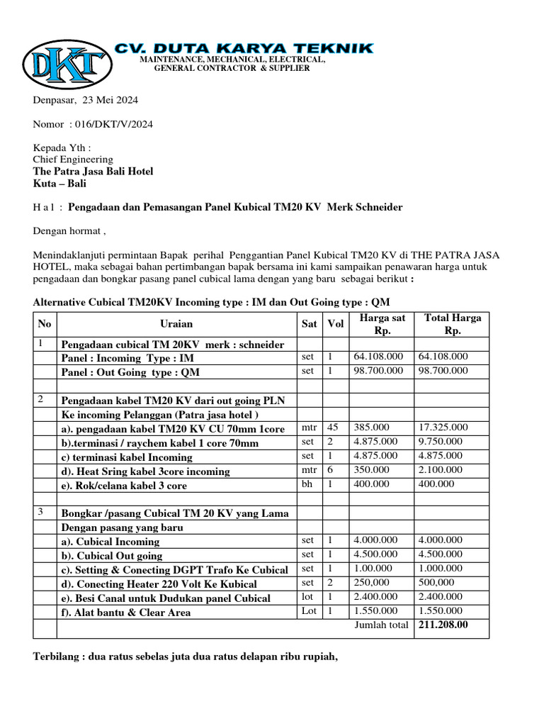 Penawaran Panel Kubical TM20 KV Schneider | PDF