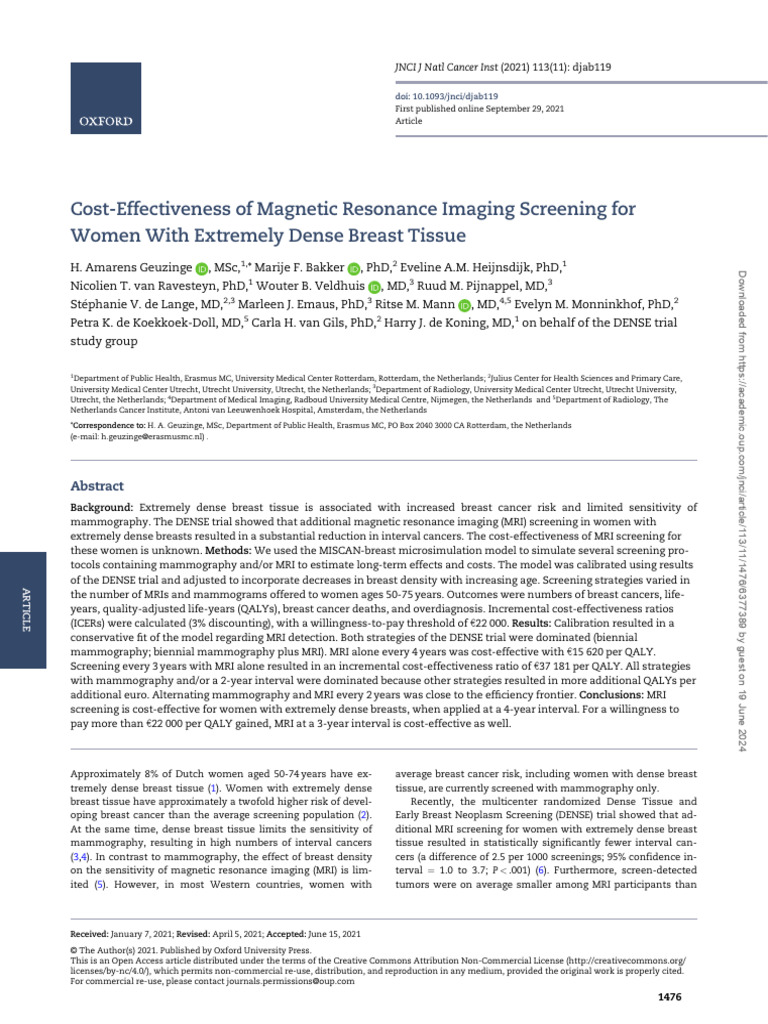 Cost Effectiveness of MRI Screening For Women With Extremely Dense ...