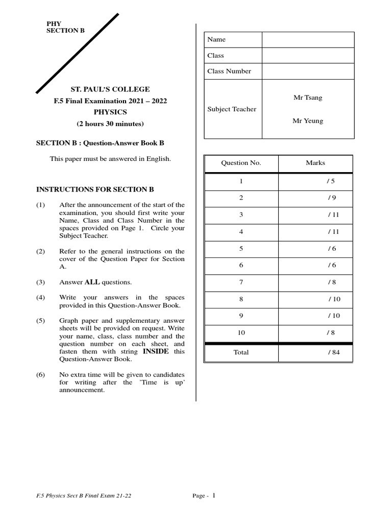F.5 Physics Section B Exam 2021-22 | PDF | Reflection (Physics) | Force