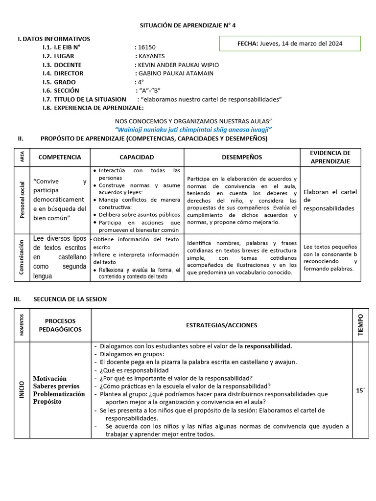 Cartel de Responsabilidades en Aula 4° | PDF | Salón de clases ...