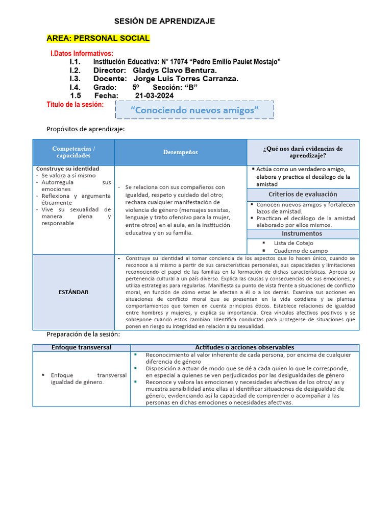 Sesión de Aprendizaje Personal Social Ii Sem. | PDF | Aprendizaje | Las ...