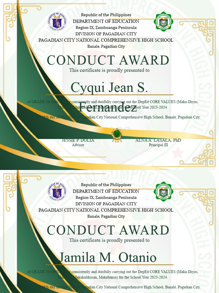 Grade 10 Conduct Award Certificate | PDF | Social Institutions ...