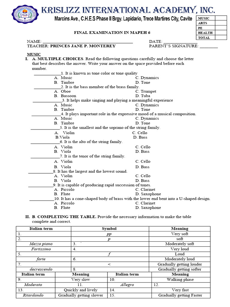 MAPEH 6 Final Exam Review Guide | PDF | Violin | Cello