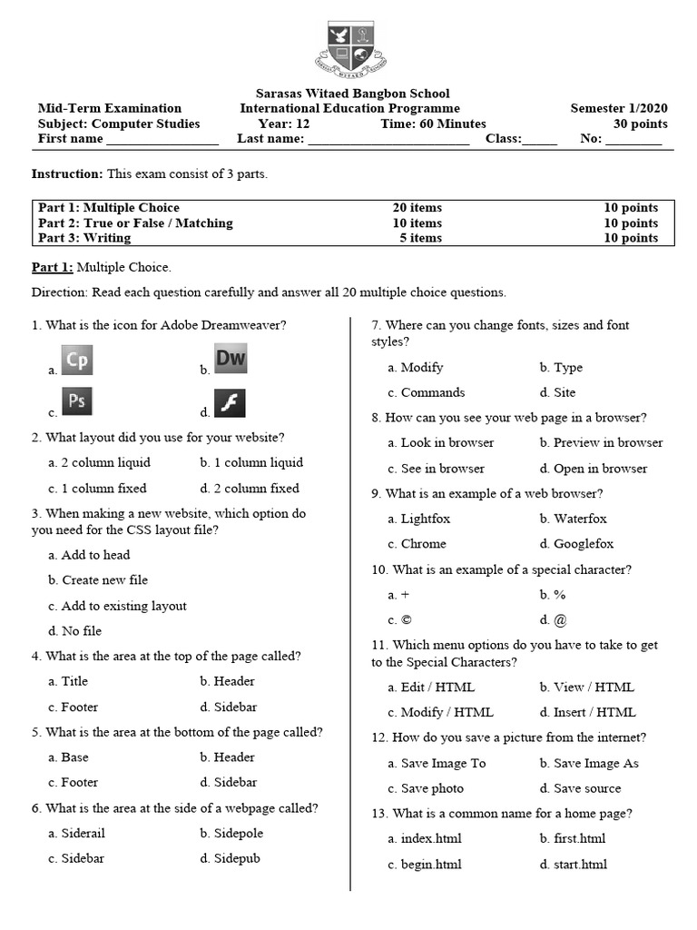 Computer Studies Mid-Term Exam 2020 | PDF | Adobe Dreamweaver | World ...