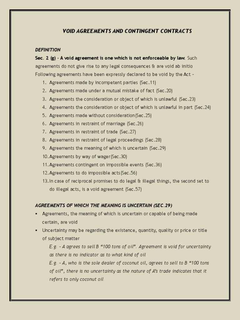 Void Agreements and Contingent Contracts | PDF | Gambling | Void (Law)