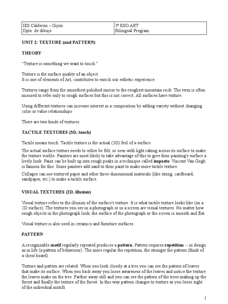 Unit 2 Textures 3º Eso PDF Pattern Texture Mapping