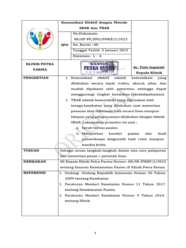 Komunikasi Efektif: Metode SBAR & TBAK | PDF