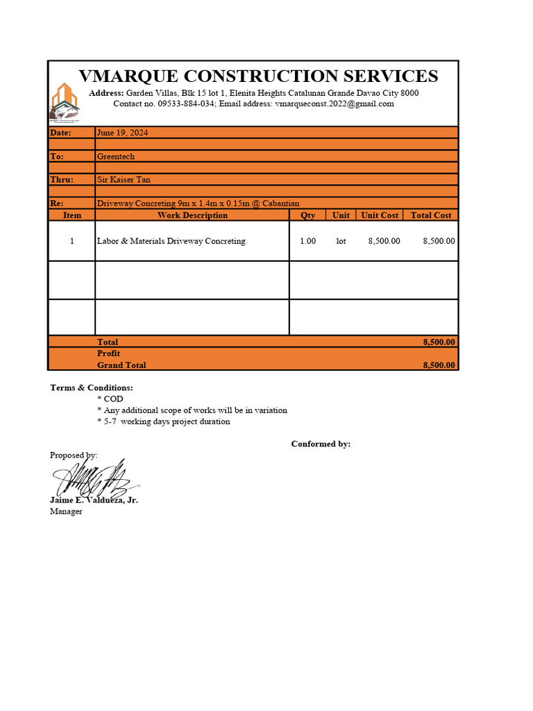 Driveway Concreting Proposal Davao City | PDF | Technology & Engineering